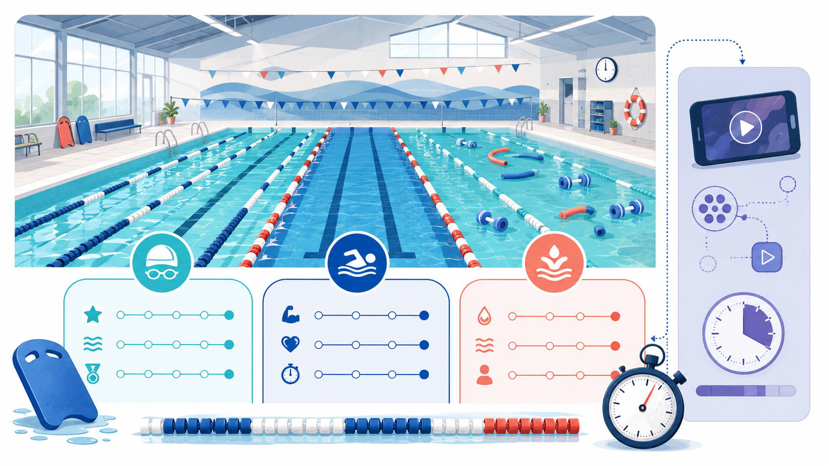 Bassin d’Auxerre avec lignes de natation, aquagym, matériel pédagogique et progression chronométrée.